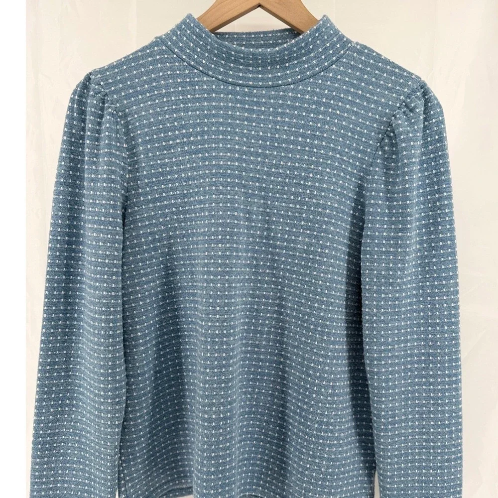 Madewell Blue Dotted Stripe Mock Neck Puff Sleeve Textured Knit Top M
